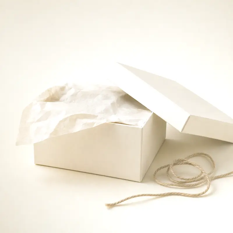 A plain cream parcel with tissue and twine, just opened