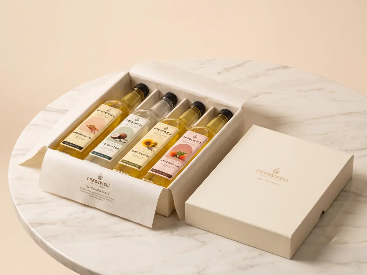 A cream box, lid off, holding four small bowls of oil from deep amber to pale gold