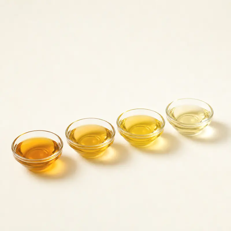 Four small bowls of oil, from deep amber to pale gold