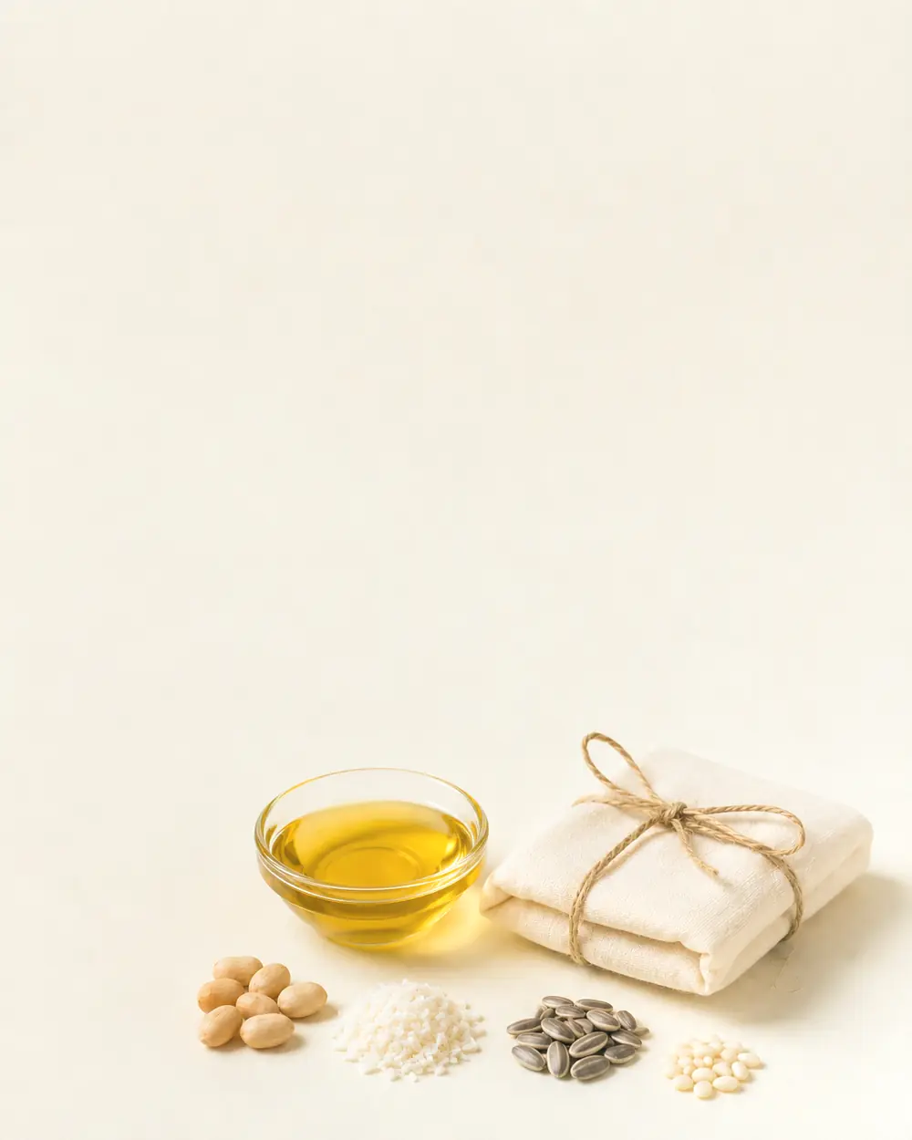 A bowl of golden oil beside a muslin parcel, with the four raw materials