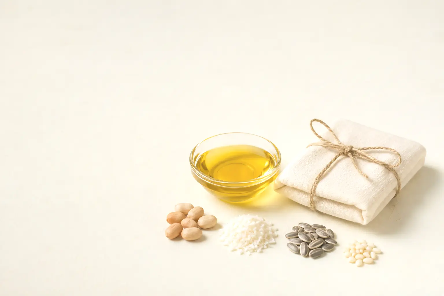 A bowl of golden oil beside a muslin parcel, with the four raw materials