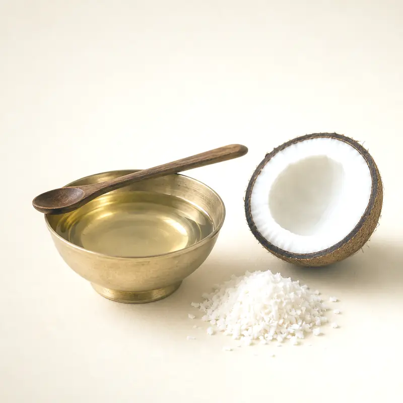 A brass bowl of oil with a wooden spoon resting across it